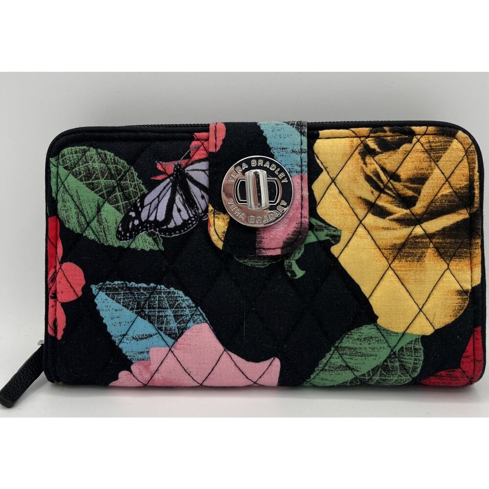 Vera Bradley Havana Rose Turnlock Zip Wallet Black Multicolor Flower & Butterfly